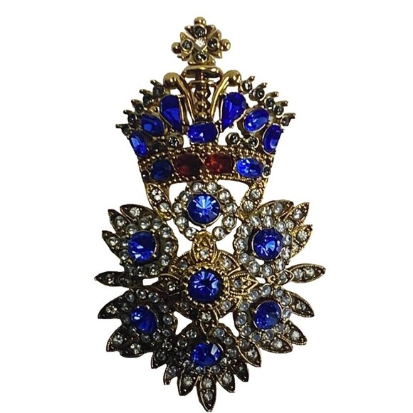 JOAN RIVERS Vintage Royal Monarch Maltese Cross Gold Blue Red Brooch Signed - Picture 15 of 15